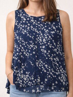 Cristina B Blue Floral Sleeveless Blouse XL Sheer Layered Boho Tank Top